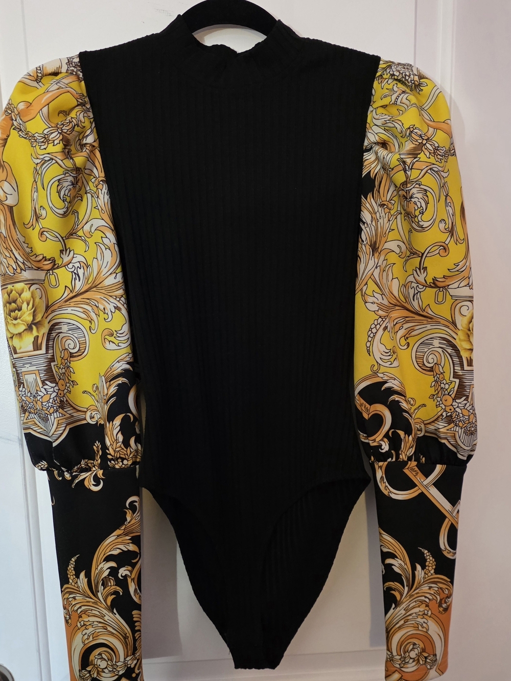 AKIRA Black Ribbed Bodysuit with Yellow Baroque Puff Sleeves
